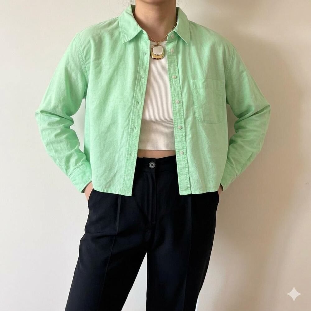 Universal Thread Linen Blend Shirt Green Cropped XXL Button Up Top Vacation